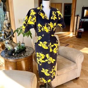 Vintage & COOL 50’s Revival Floral Black & Yellow Dress. Crisp cotton!